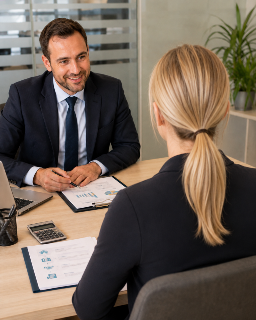 Courtière en prêt immobilier vue de dos échangeant avec un banquier dans un bureau
