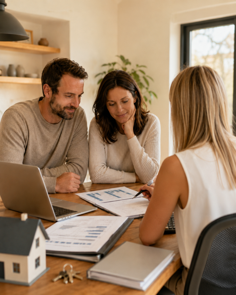 Courtière en prêt immobilier conseillant un couple sur son dossier de financement