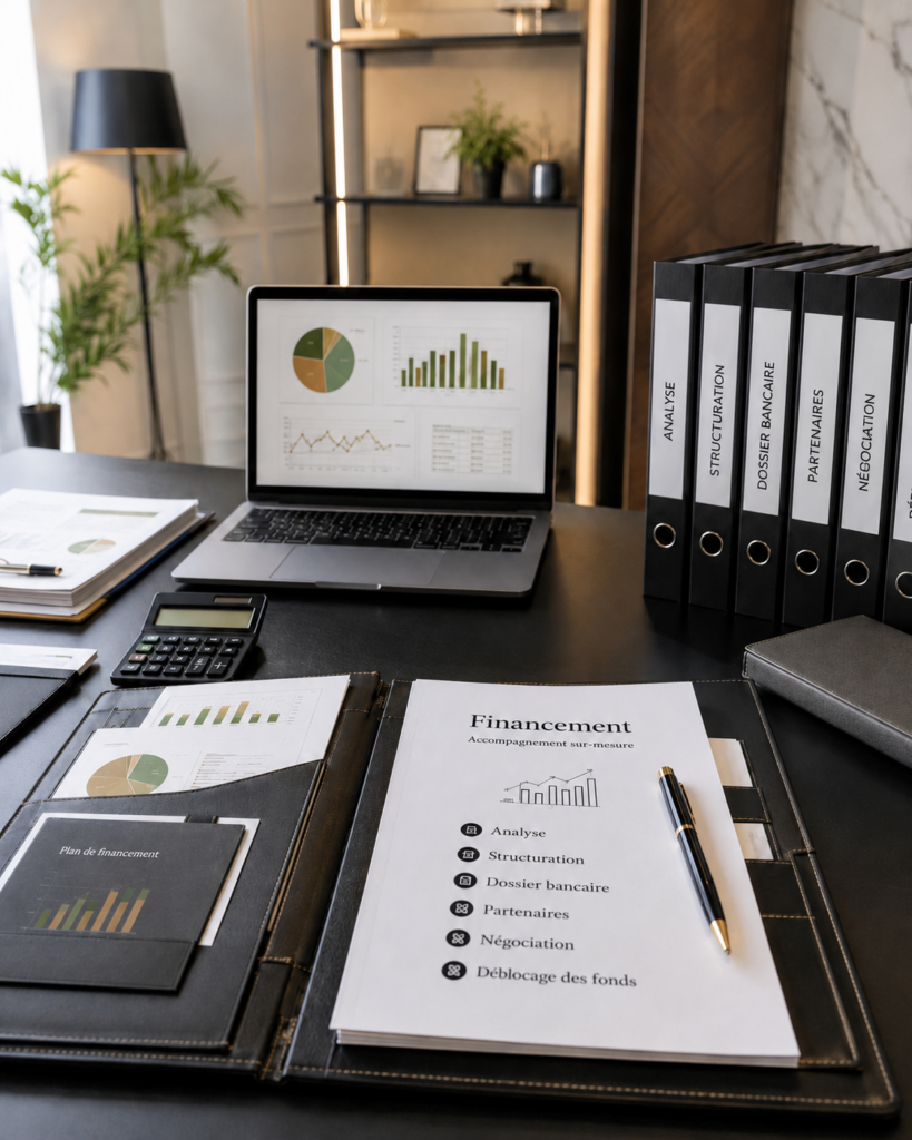 Dossier de financement professionnel avec graphiques, ordinateur et classeurs d’analyse bancaire