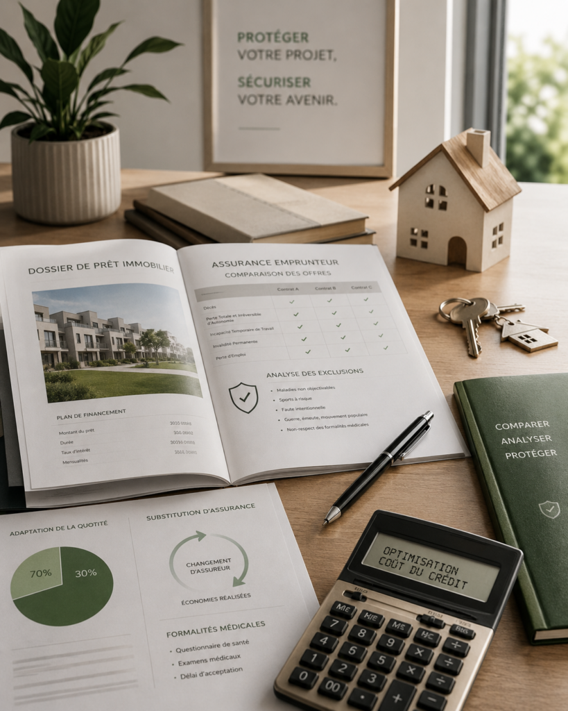 Documents d’assurance emprunteur et dossier de prêt immobilier avec comparatif de garanties