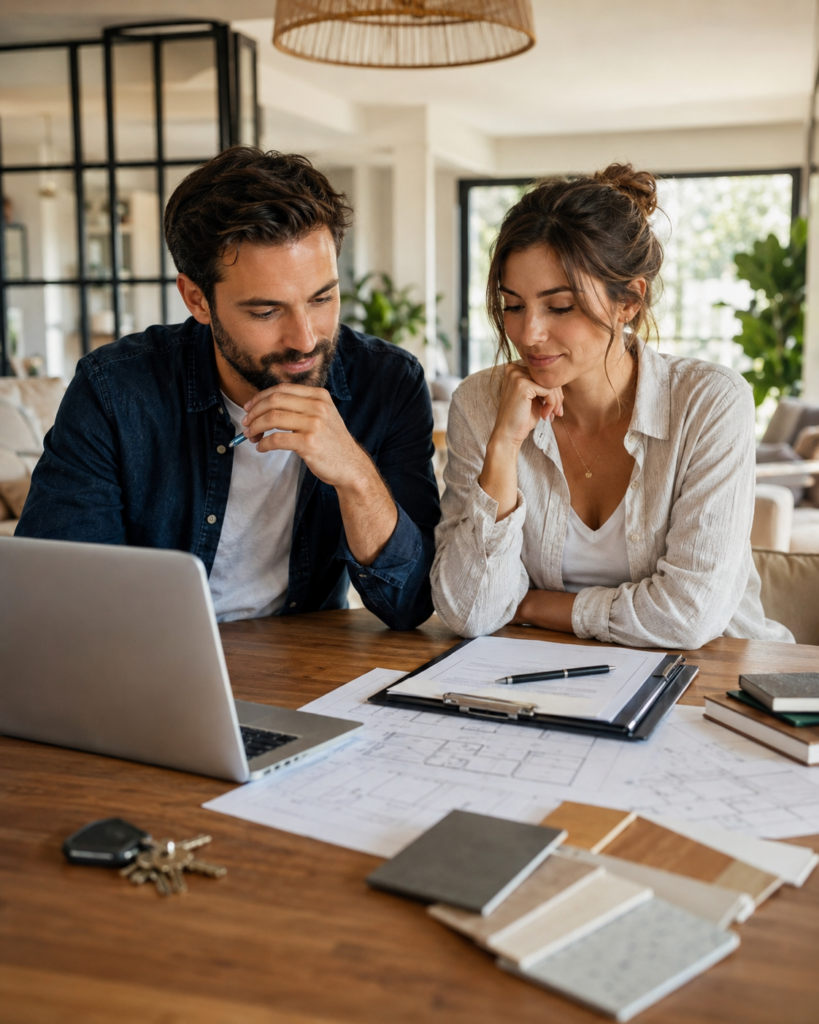 Couple préparant un projet immobilier personnel avec plans, dossier de financement et clés